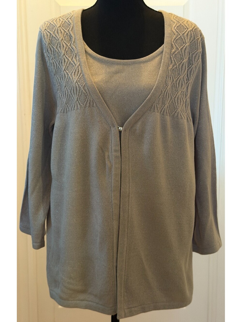 NWT Sag Harbor Twin Set Cardigan Sweater Tank Womens L Pewter Gray Cable Knit